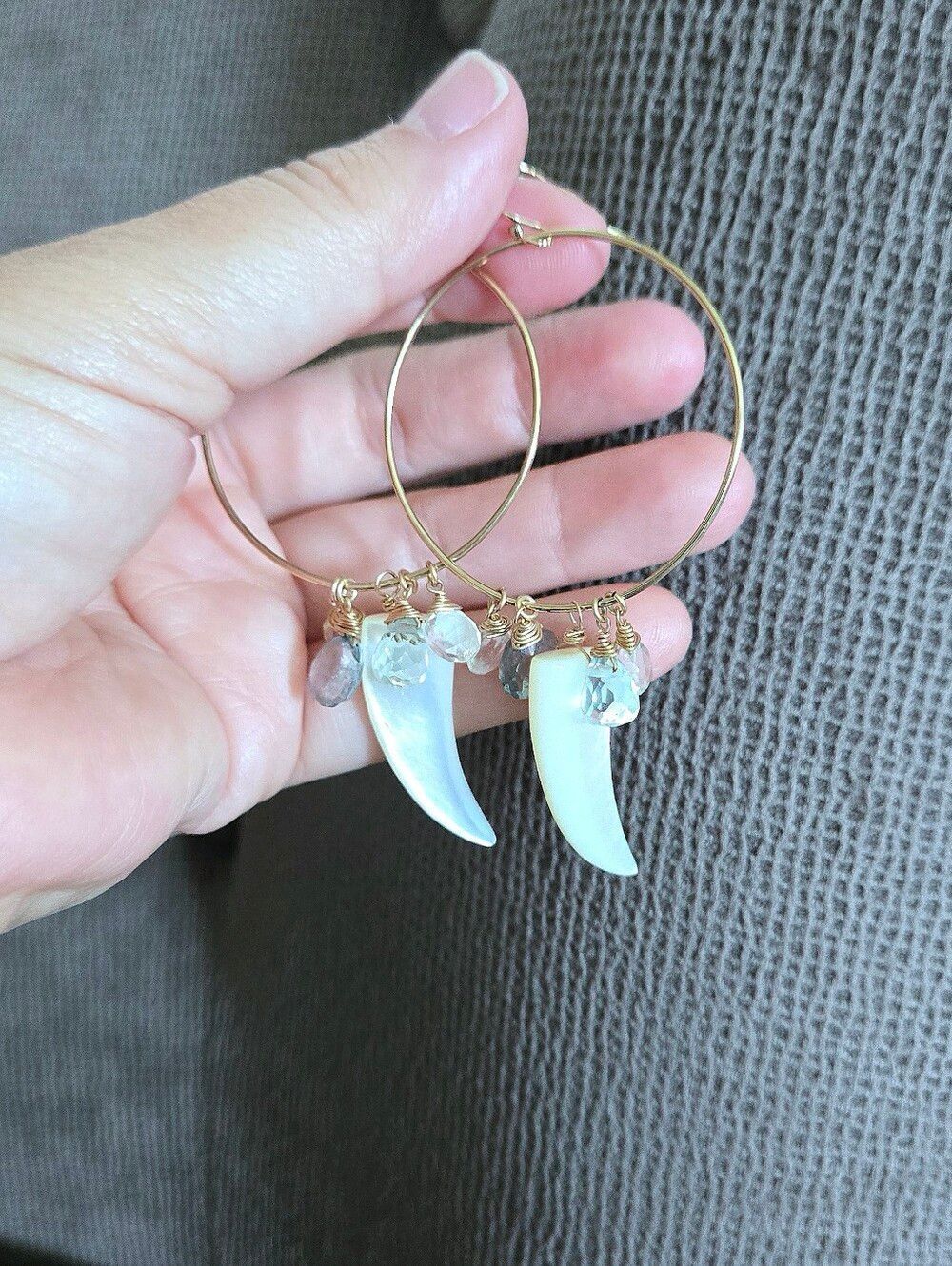 Open Gold💛 Circle⭕️ Earrings with Mother of Pearl Horn📯 and Gemstones💎 - Picture 12 of 15